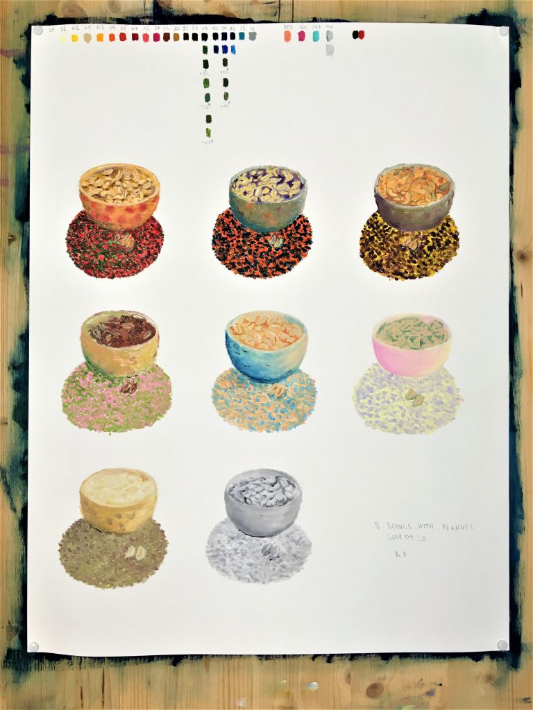 Birute Lemke Eight Bowls with Peanuts 2019 oil on paper