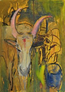 Birute Lemke Stray cow Dont drink and drive 2020 oil on canvas glued on linen 85x61cm